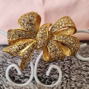 Elegant Gold and Silver Crystal Bow Brooch
